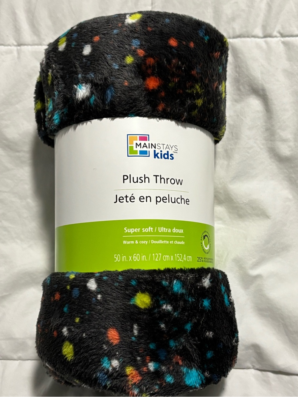 Mainstays Plush Throw Blanket - Black with Colorful Spots Paint Splatter Design